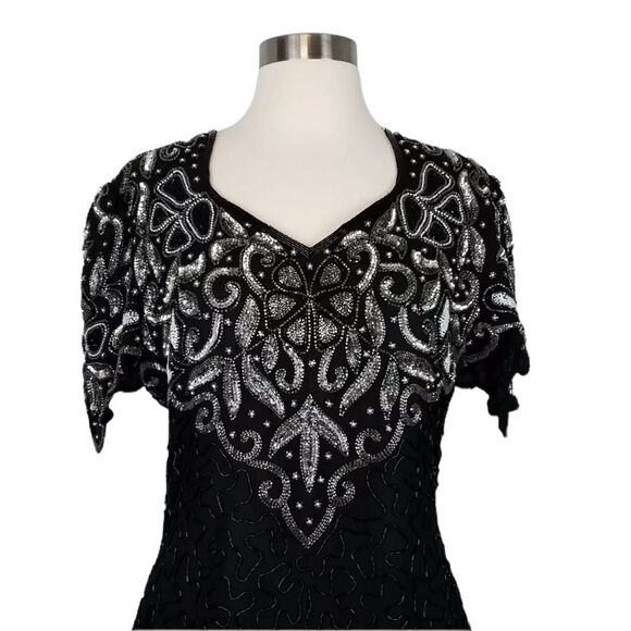 Vintage Laurence Kazar 100% Silk Silver & Black Sequin Beaded Dress glam 80’s L - Picture 3 of 13